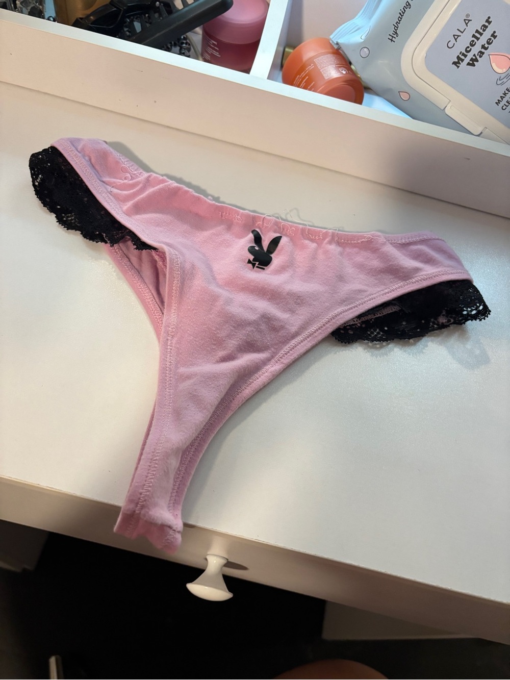 PLAYBOY Pink Thong with Black Lace Trim